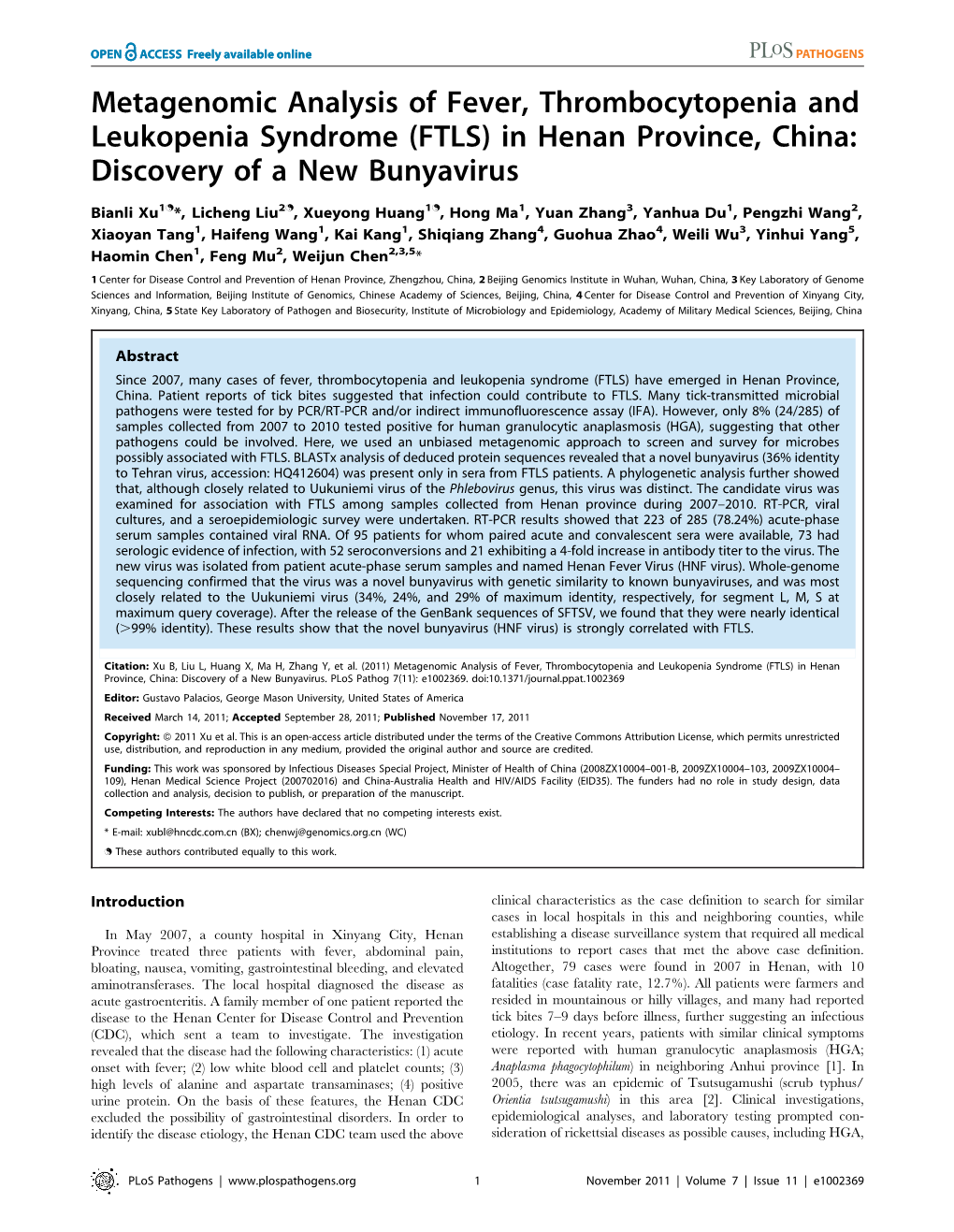 (FTLS) in Henan Province, China: Discovery of a New Bunyavirus