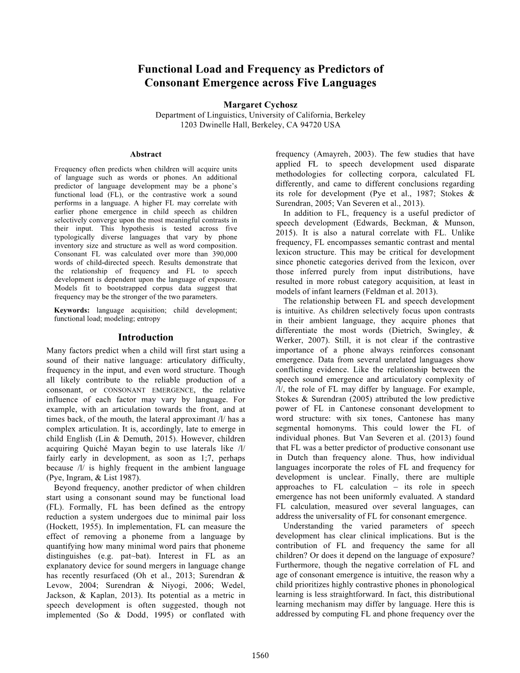 Functional Load and Frequency As Predictors of Consonant Emergence Across Five Languages