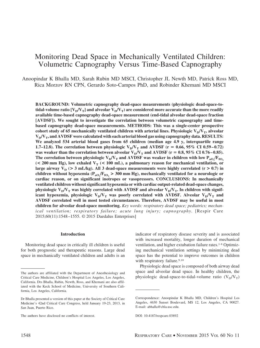 Monitoring Dead Space in Mechanically Ventilated Children: Volumetric Capnography Versus Time-Based Capnography