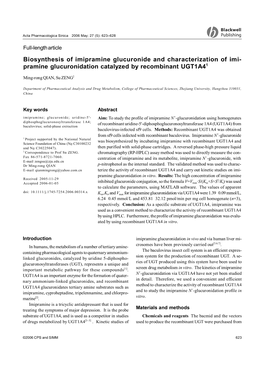 Biosynthesis of Imipramine Glucuronide and Characterization of Imi- Pramine Glucuronidation Catalyzed by Recombinant UGT1A41