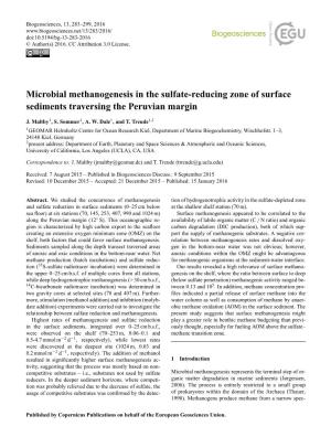 Microbial Methanogenesis in the Sulfate-Reducing Zone of Surface Sediments Traversing the Peruvian Margin