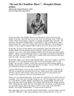 “Me and My Chauffeur Blues”—Memphis Minnie (1941) Added to the National Registry: 2019 Essay by Paul Garon (Guest Post)*