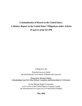 Criminalization of Dissent in the United States: a Shadow Report on the United States’ Obligations Under Articles 19 and 21 of the ICCPR