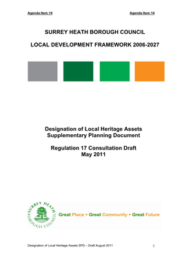 Local Heritage Assets Supplementary Planning Document (SPD) and Will Form Part of the Surrey Heath Local Development Framework 2011-2028
