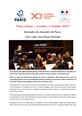 Press Release – London, 9 October 2019 Orchestre De Chambre