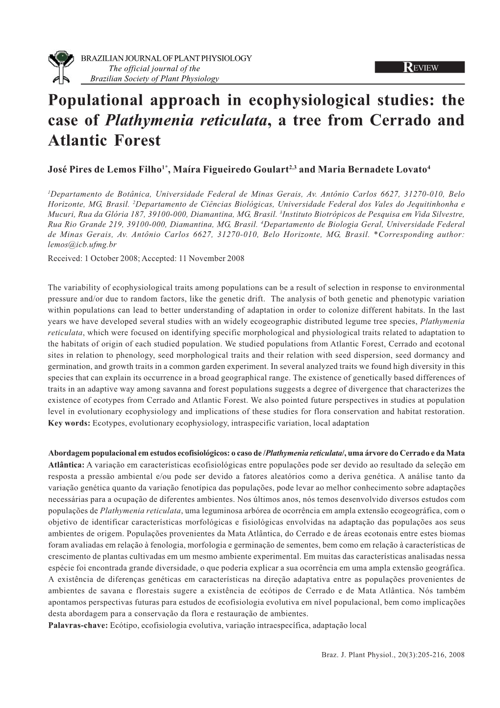 Populational Approach in Ecophysiological Studies: the Case of Plathymenia Reticulata, a Tree from Cerrado and Atlantic Forest