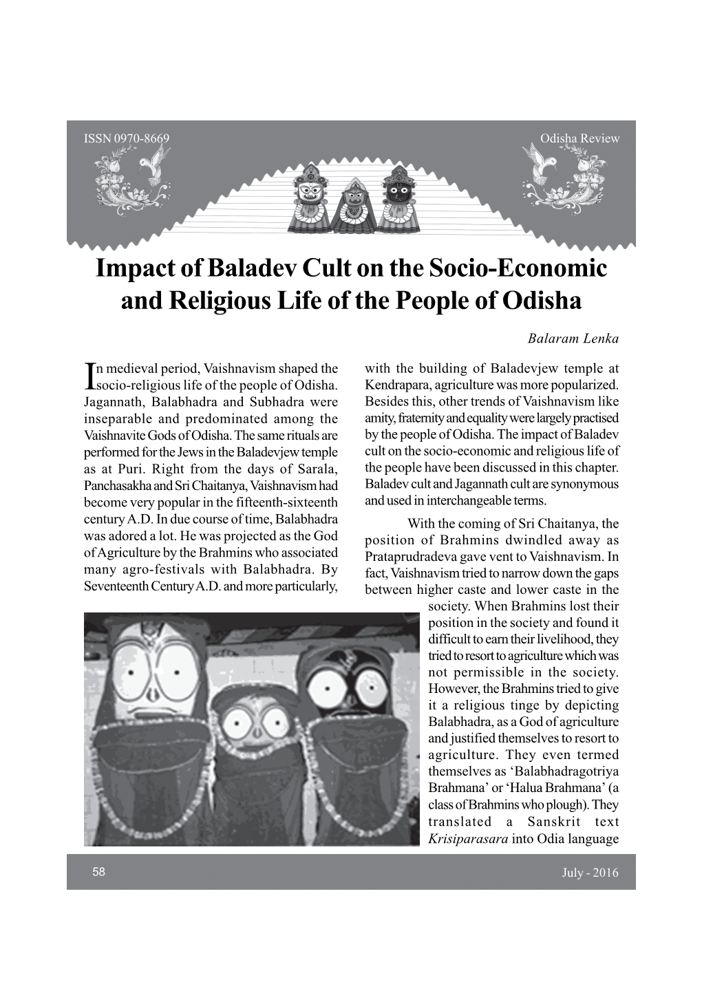 Impact of Baladev Cult on the Socio-Economic and Religious Life of the People of Odisha