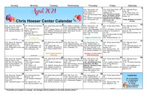 Chris Hoeser Center Calendar 4:00—Friday Fun—LR All Fools’ Day Good Friday 4 5 6 7 8 9 10 8 :30—Bus to St