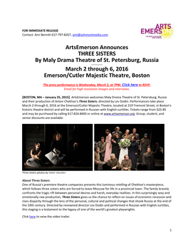 Artsemerson Announces THREE SISTERS by Maly Drama Theatre of St. Petersburg, Russia March 2 Through 6, 2016 Emerson/Cutler Majes