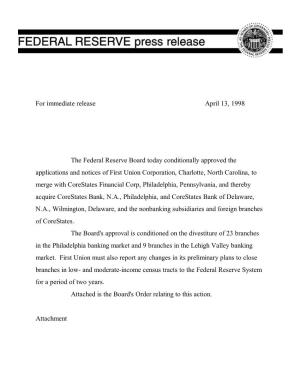 For Immediate Release April 13, 1998