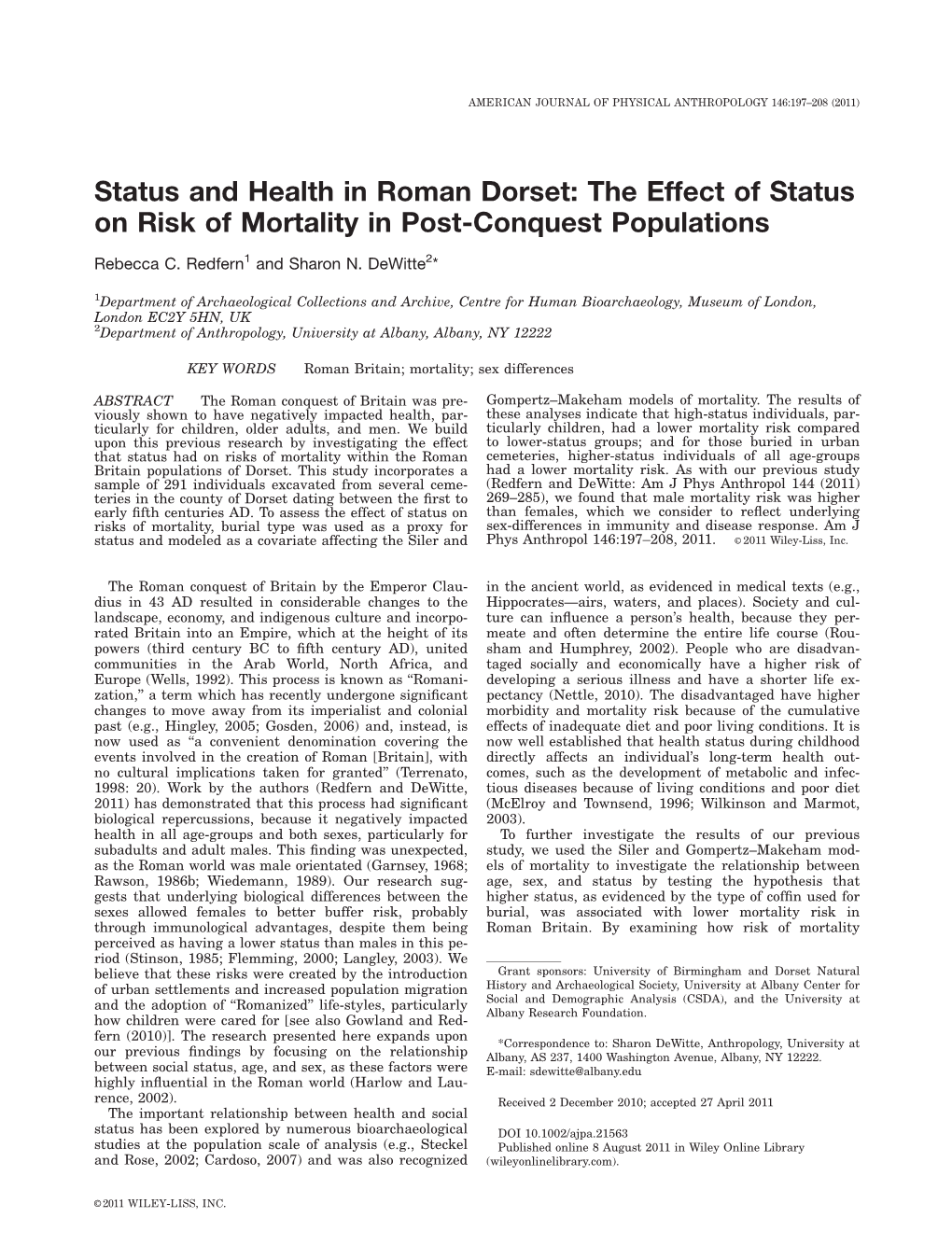 Status and Health in Roman Dorset: the Effect of Status on Risk of Mortality in Post-Conquest Populations Rebecca C
