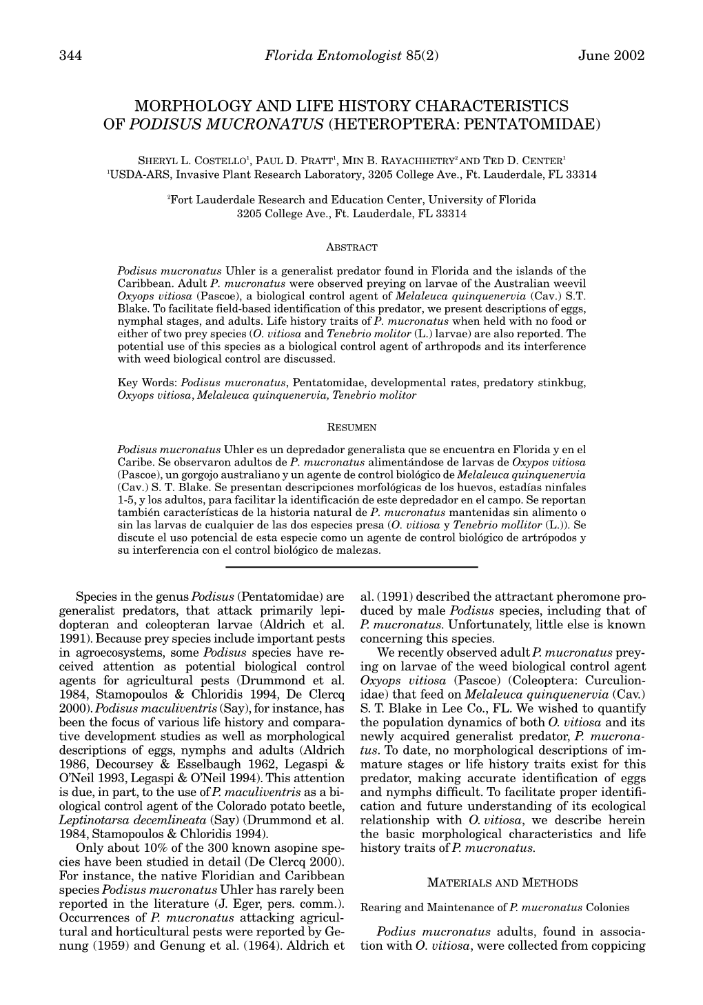 Morphology and Life History Characteristics of Podisus Mucronatus (Heteroptera: Pentatomidae)