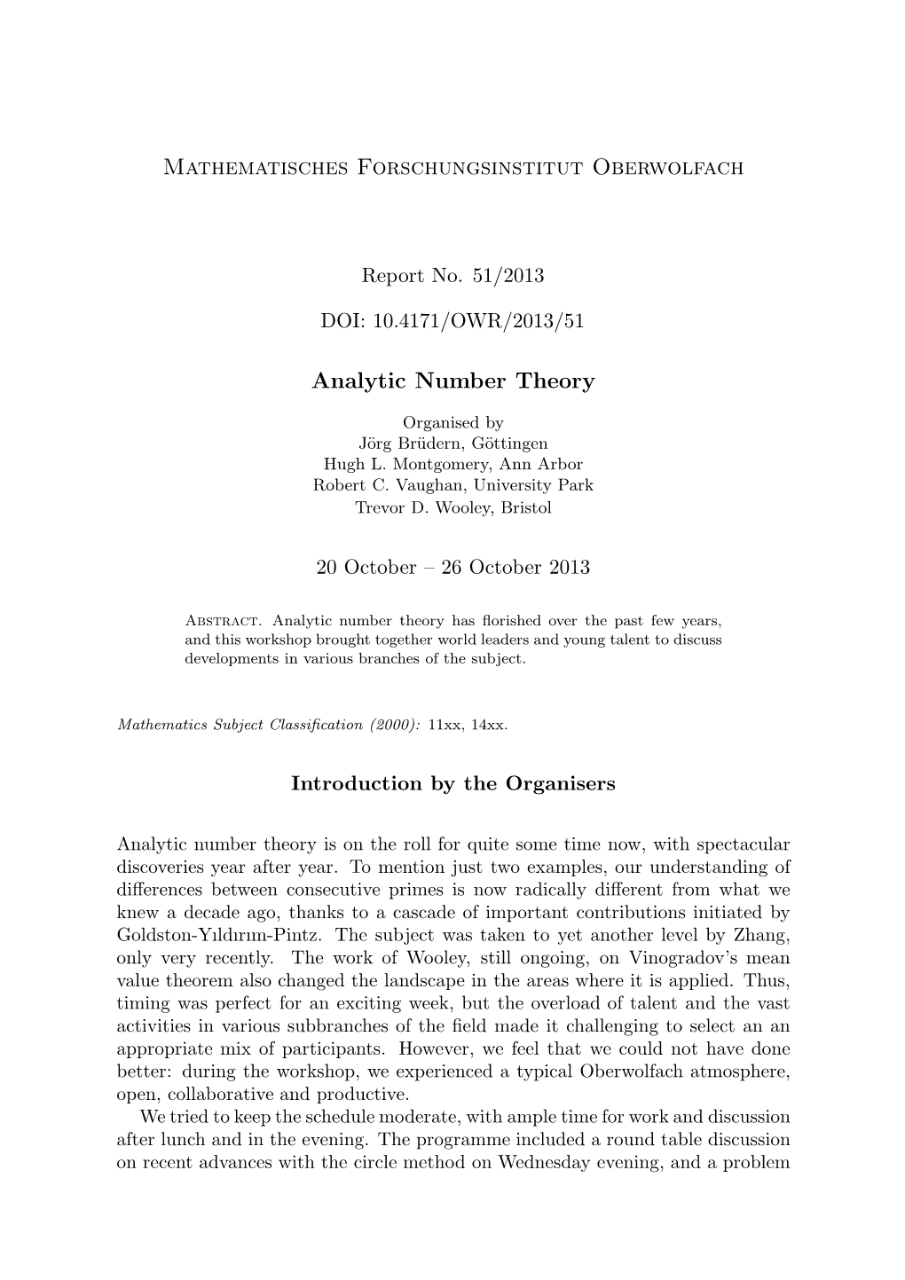 Mathematisches Forschungsinstitut Oberwolfach Analytic Number Theory