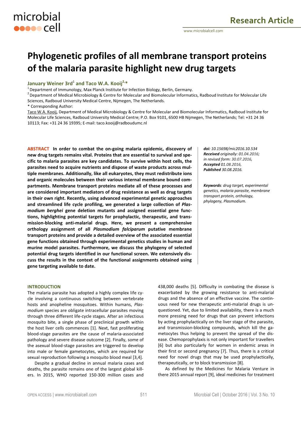 Phylogenetic Profiles of All Membrane Transport Proteins of the Malaria Parasite Highlight New Drug Targets