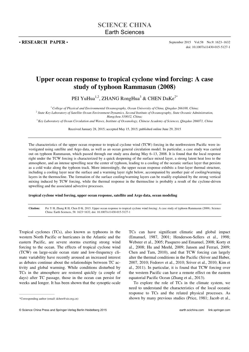 SCIENCE CHINA Upper Ocean Response to Tropical Cyclone Wind