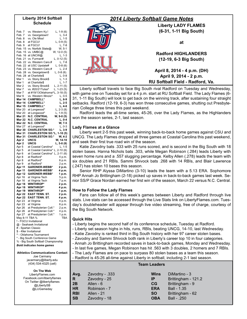 2014 Liberty Softball Game Notes Schedule Liberty LADY FLAMES Feb