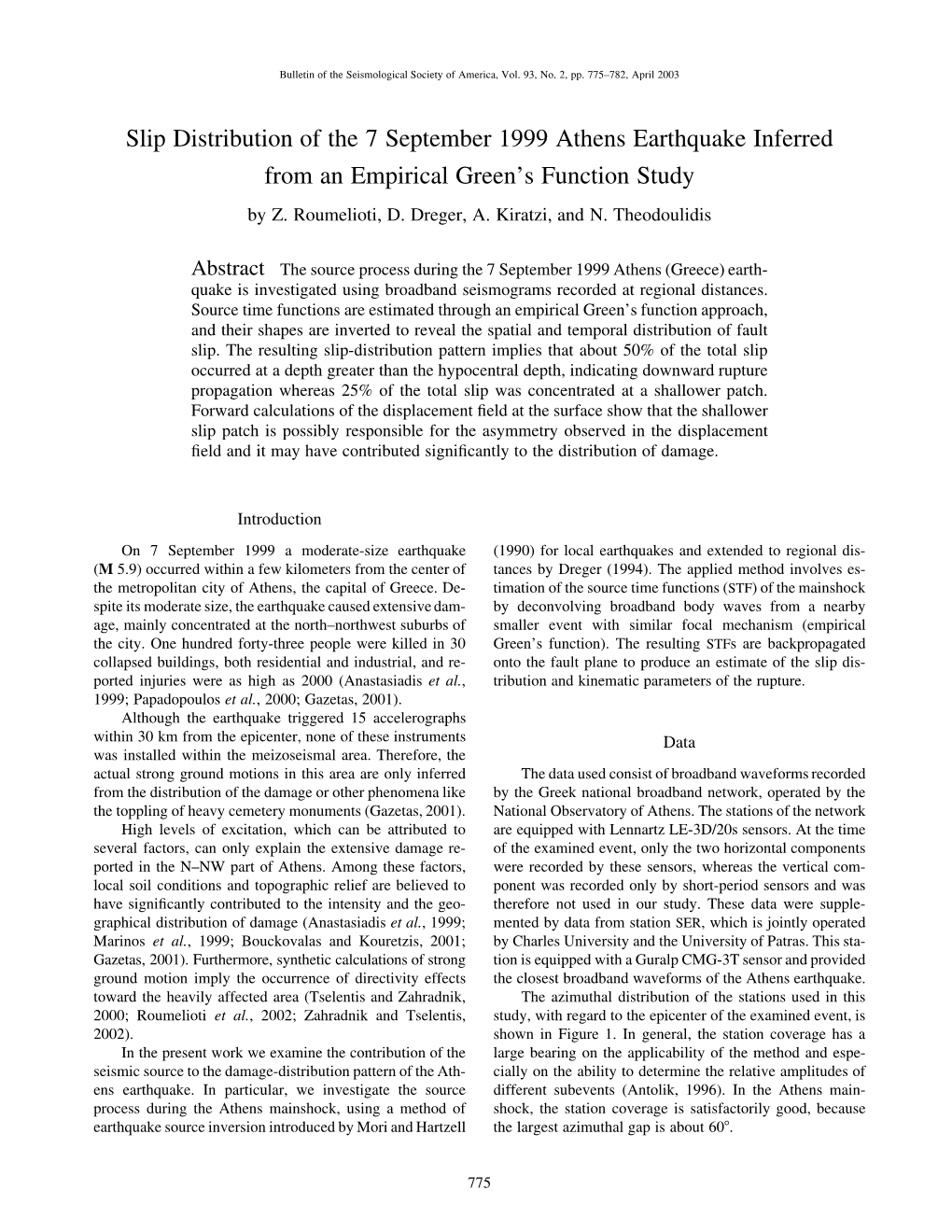 Slip Distribution of the 7 September 1999 Athens Earthquake Inferred from an Empirical Green’S Function Study by Z