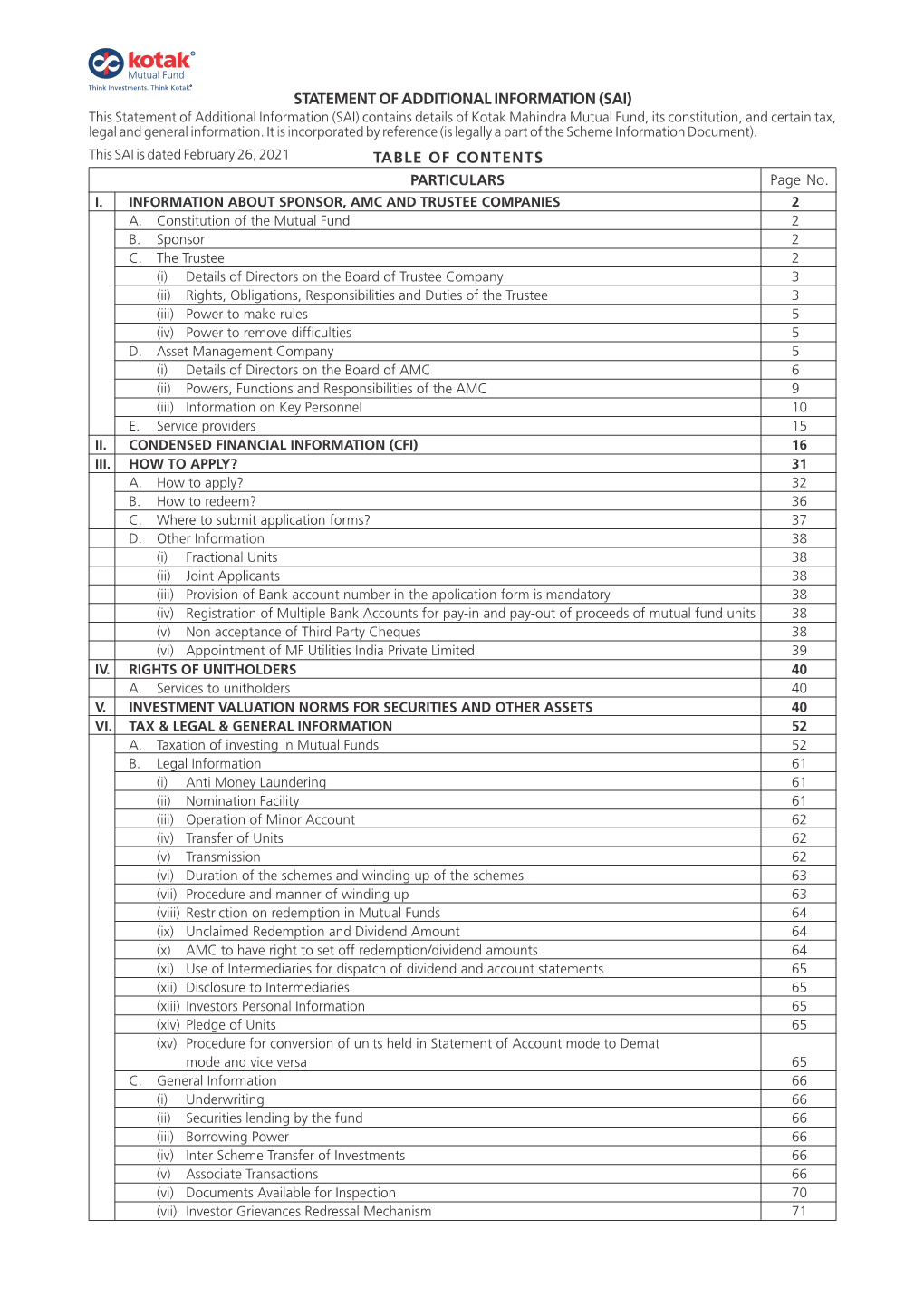 TABLE of CONTENTS PARTICULARS Page No