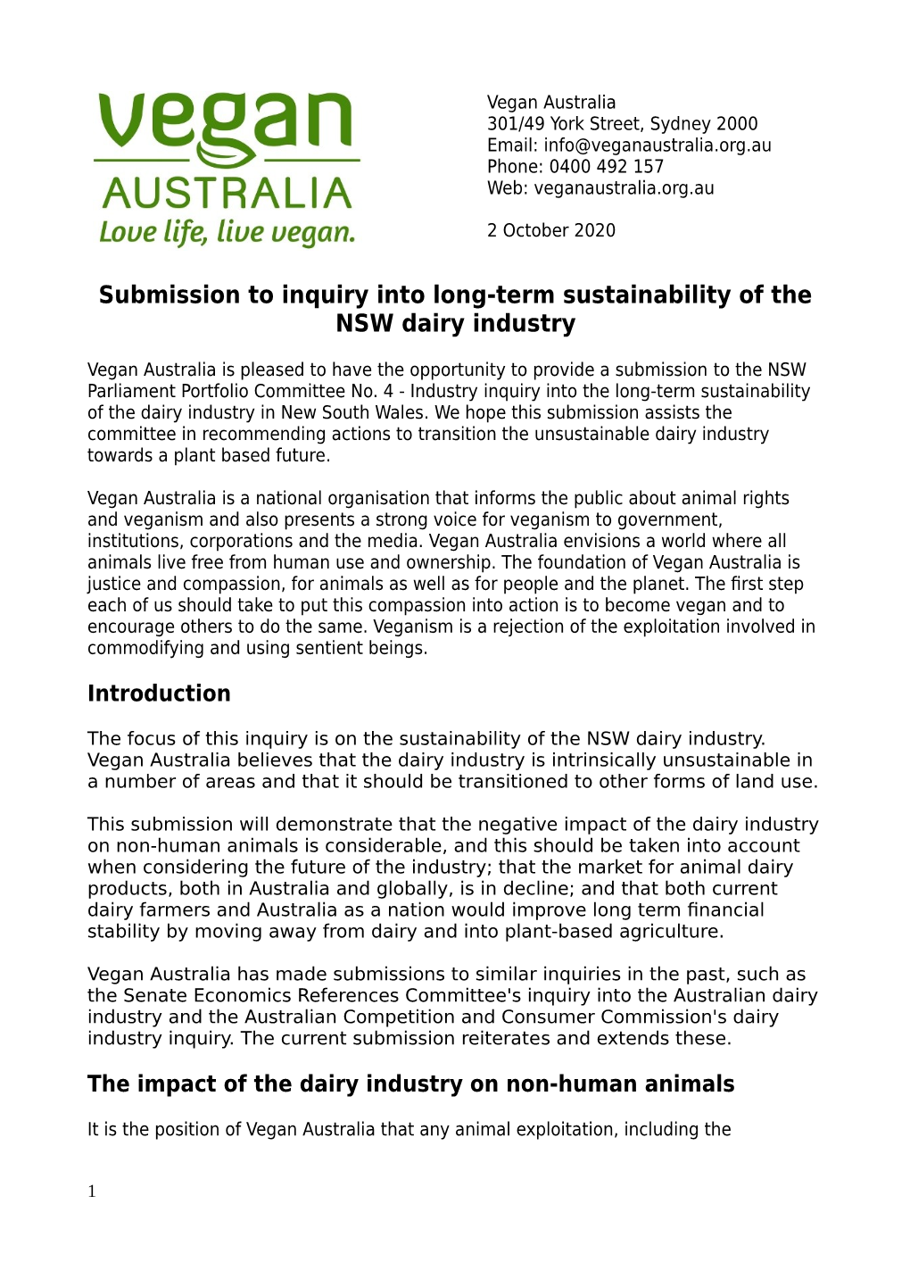 Submission to Inquiry Into Long-Term Sustainability of the NSW Dairy Industry