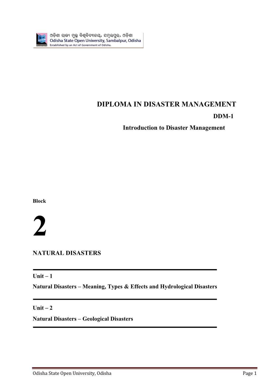 DIPLOMA in DISASTER MANAGEMENT DDM-1 Introduction to Disaster Management