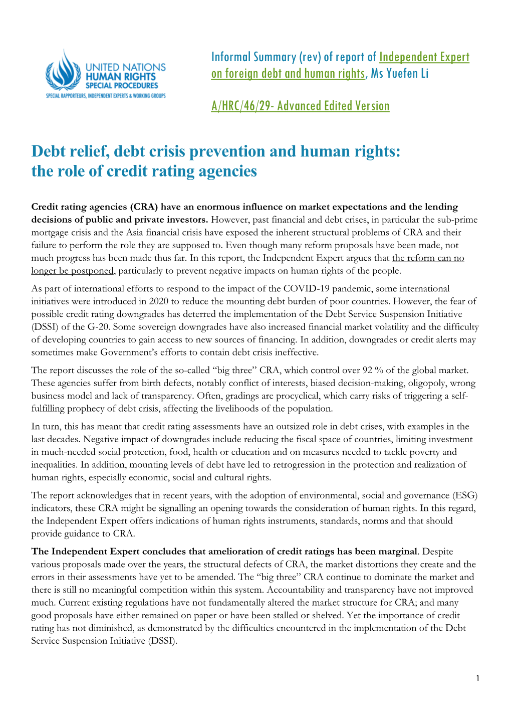 Debt Relief, Debt Crisis Prevention and Human Rights: the Role of Credit Rating Agencies