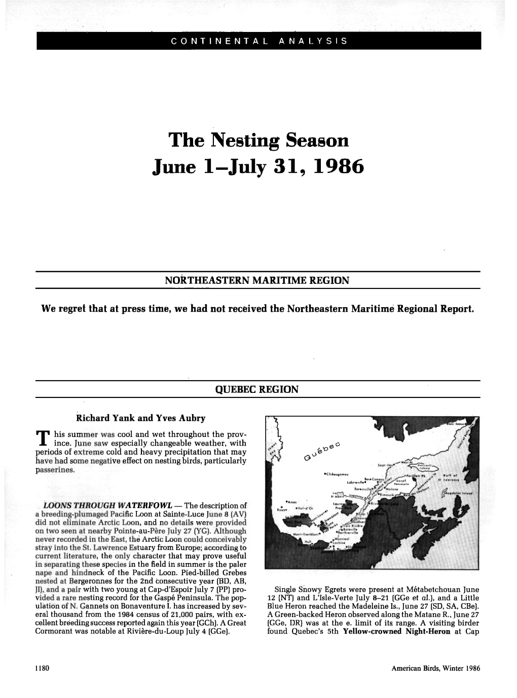 The Nesting Season June 1-July 31, 1986