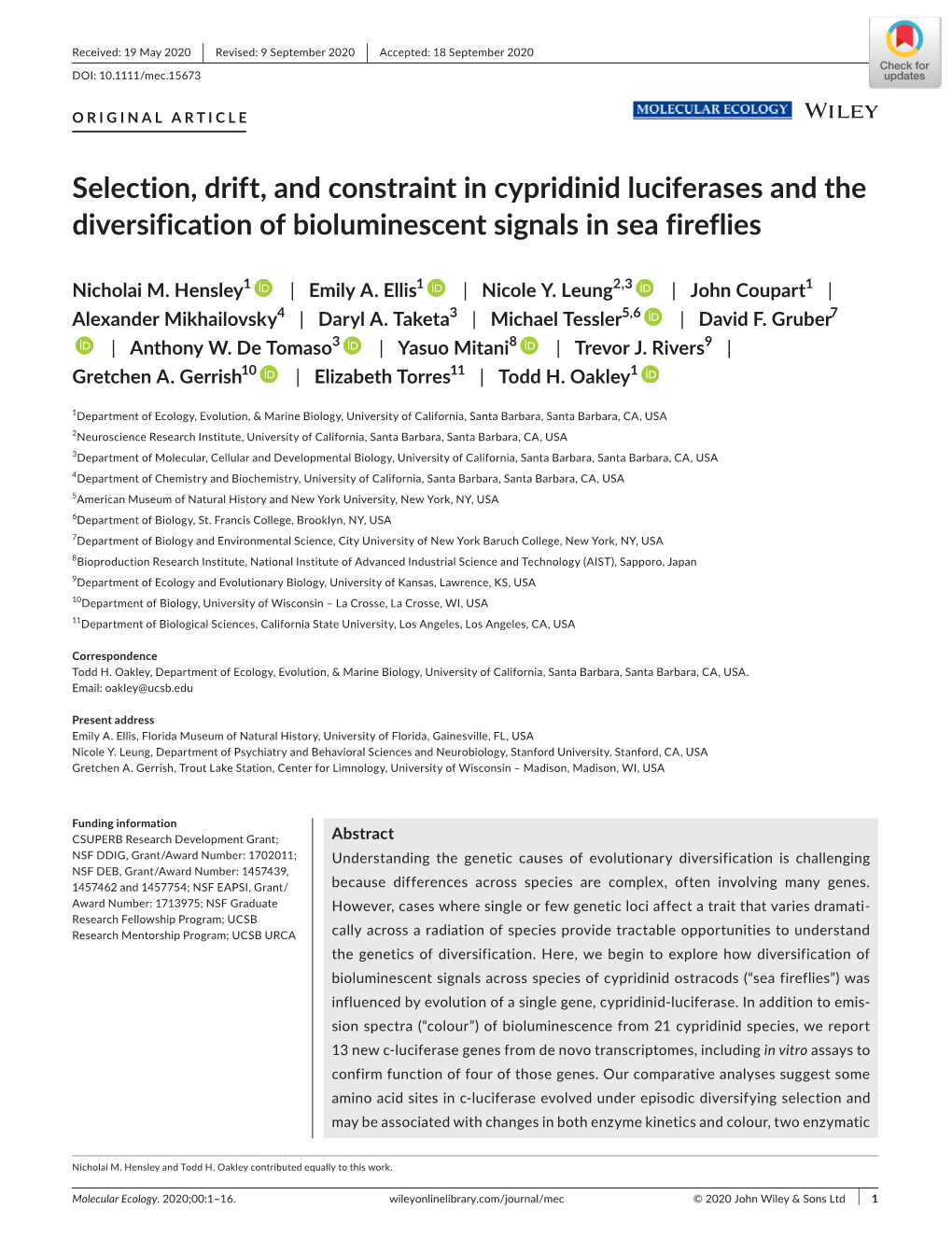 Selection, Drift, and Constraint in Cypridinid Luciferases and the Diversification of Bioluminescent Signals in Sea Fireflies