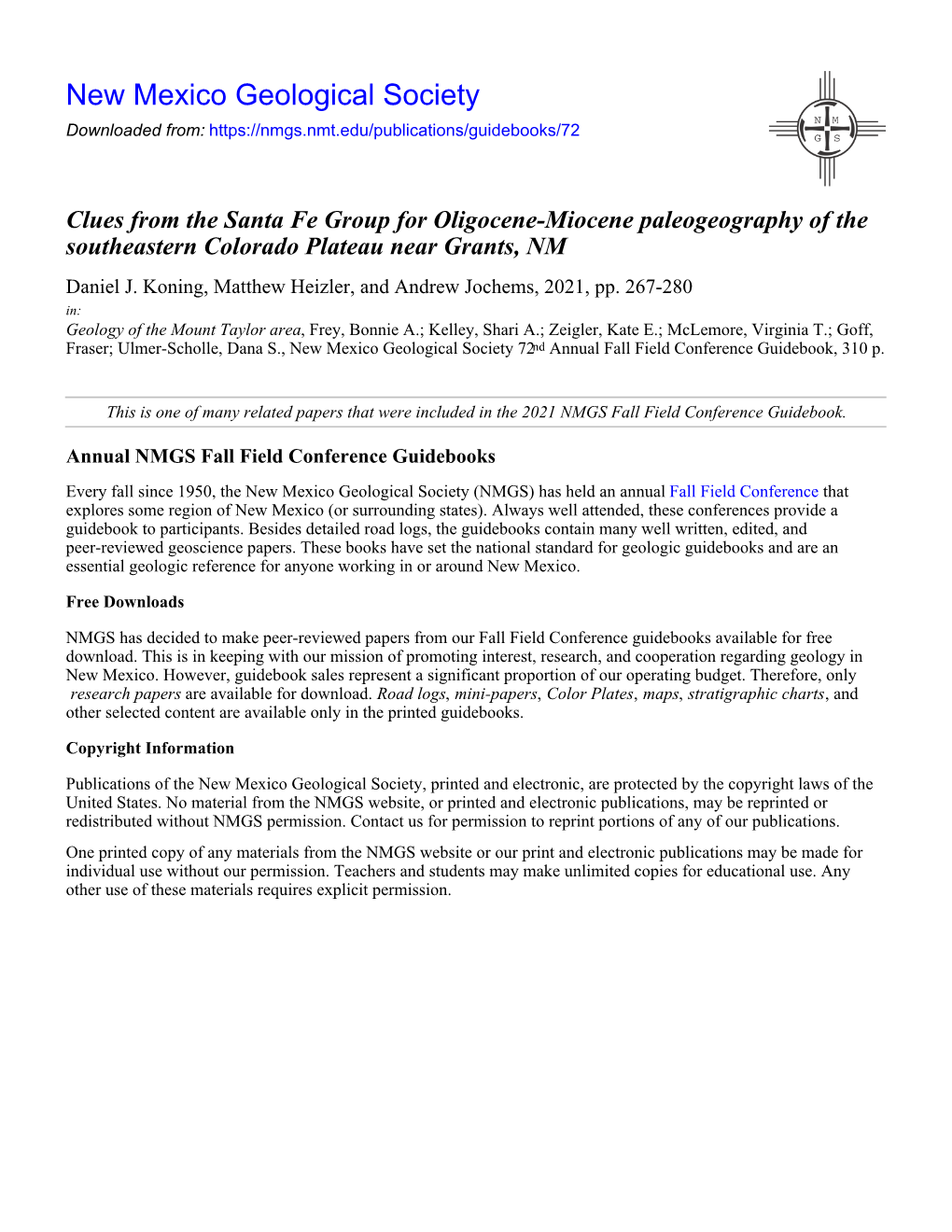 Clues from the Santa Fe Group for Oligocene-Miocene Paleogeography of the Southeastern Colorado Plateau Near Grants, NM Daniel J