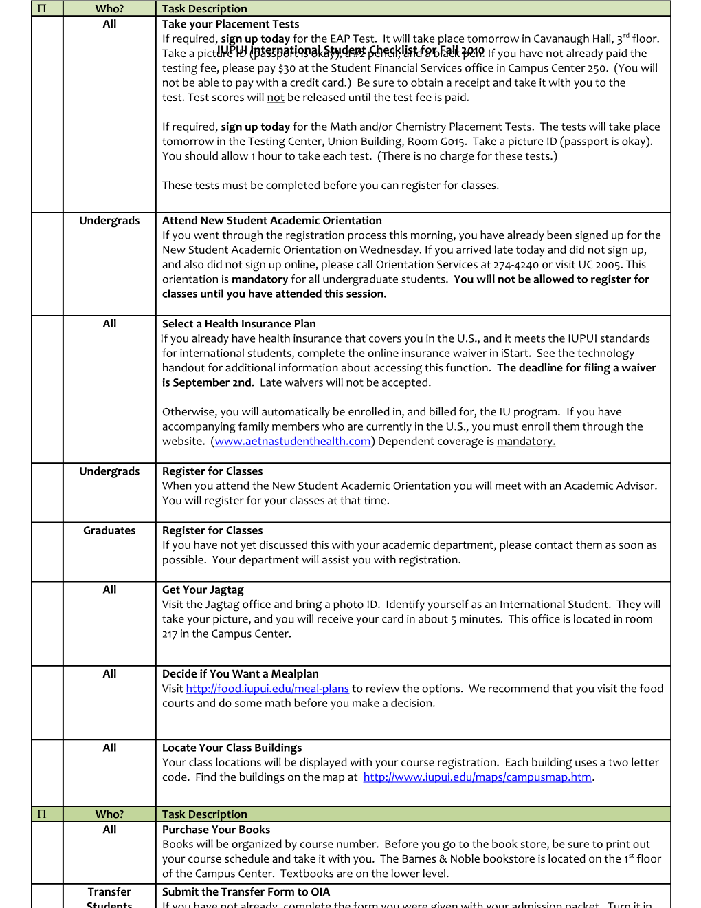 IUPUI International Student Checklist for Fall 2010