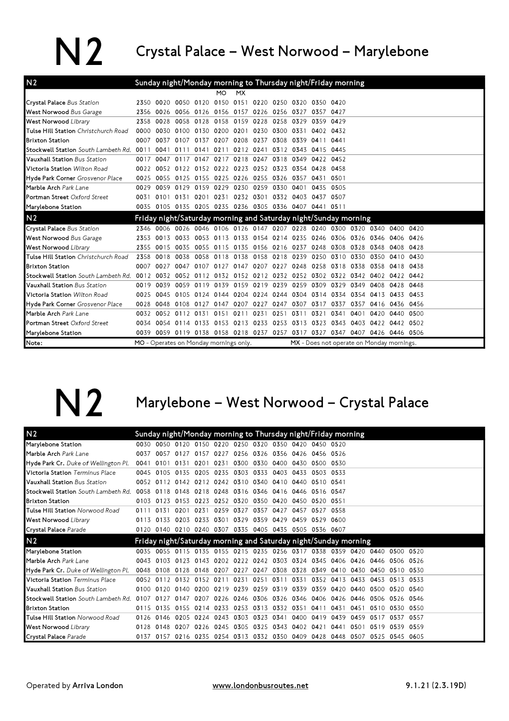 N2 Crystal Palace – West Norwood – Marylebone