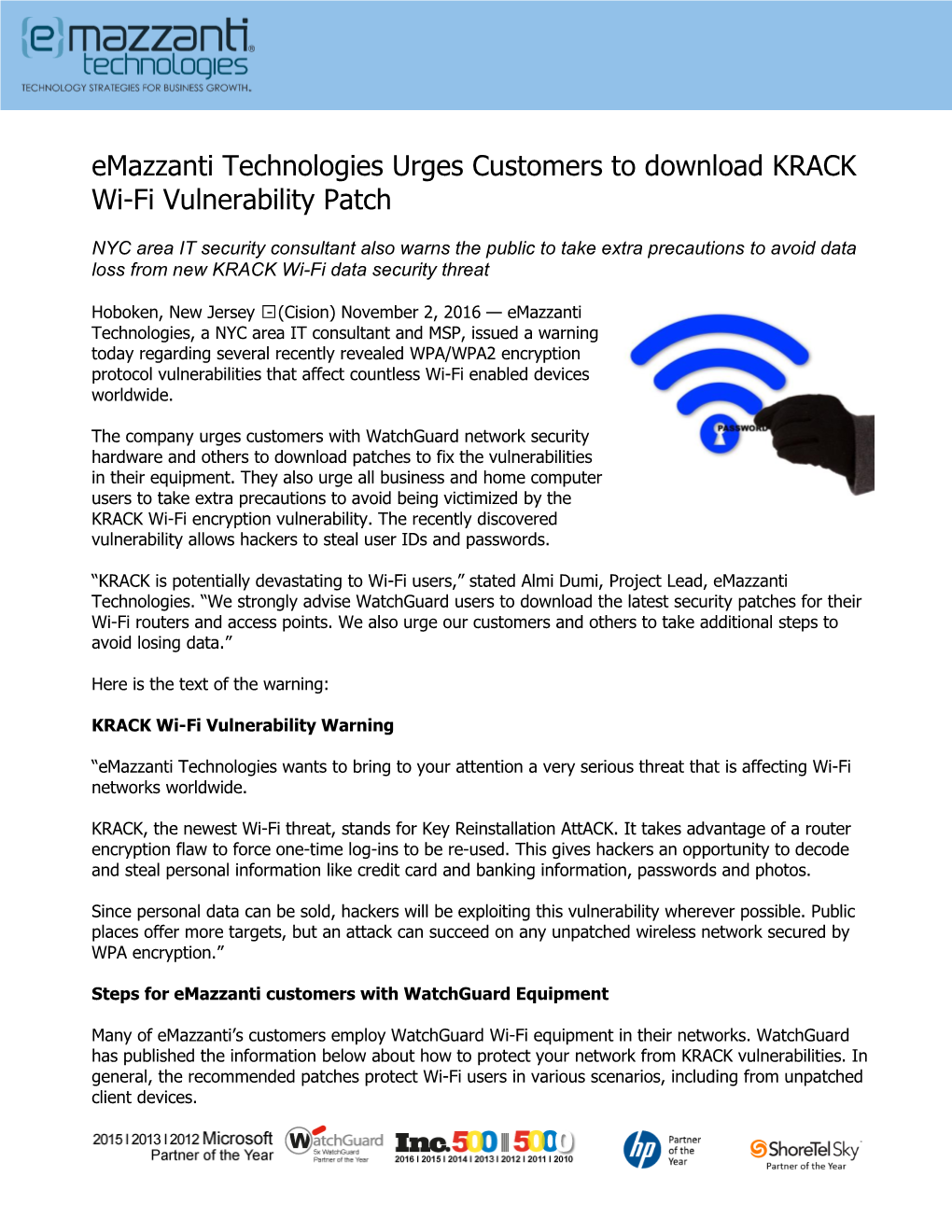 Emazzanti Technologies Urges Customers to Download KRACK Wi-Fi Vulnerability Patch