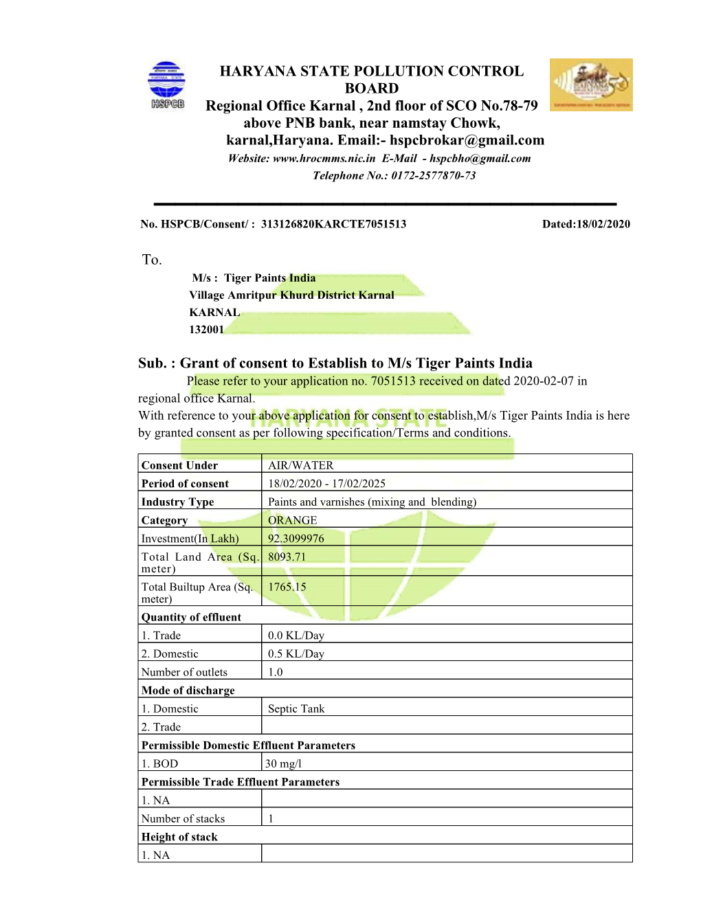 HARYANA STATE POLLUTION CONTROL BOARD Regional Office Karnal , 2Nd Floor of SCO No.78-79 Above PNB Bank, Near Namstay Chowk, Karnal,Haryana