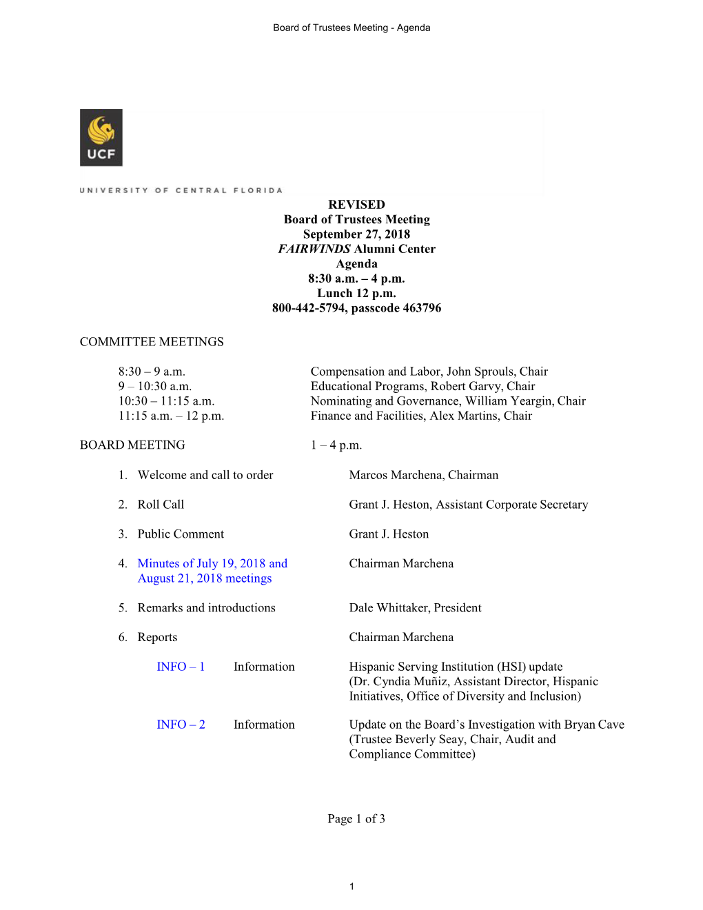 Of 3 REVISED Board of Trustees Meeting September 27, 2018