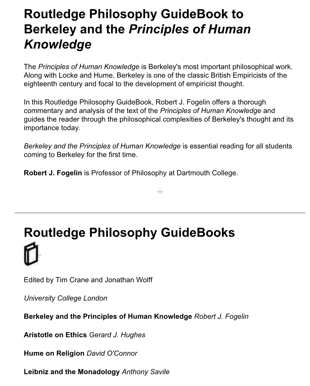 Routledge Philosophy Guidebook to Berkeley and the Principles of Human Knowledge