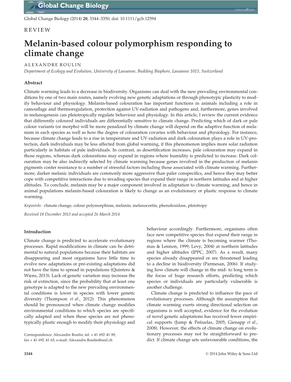 Melaninbased Colour Polymorphism Responding to Climate Change