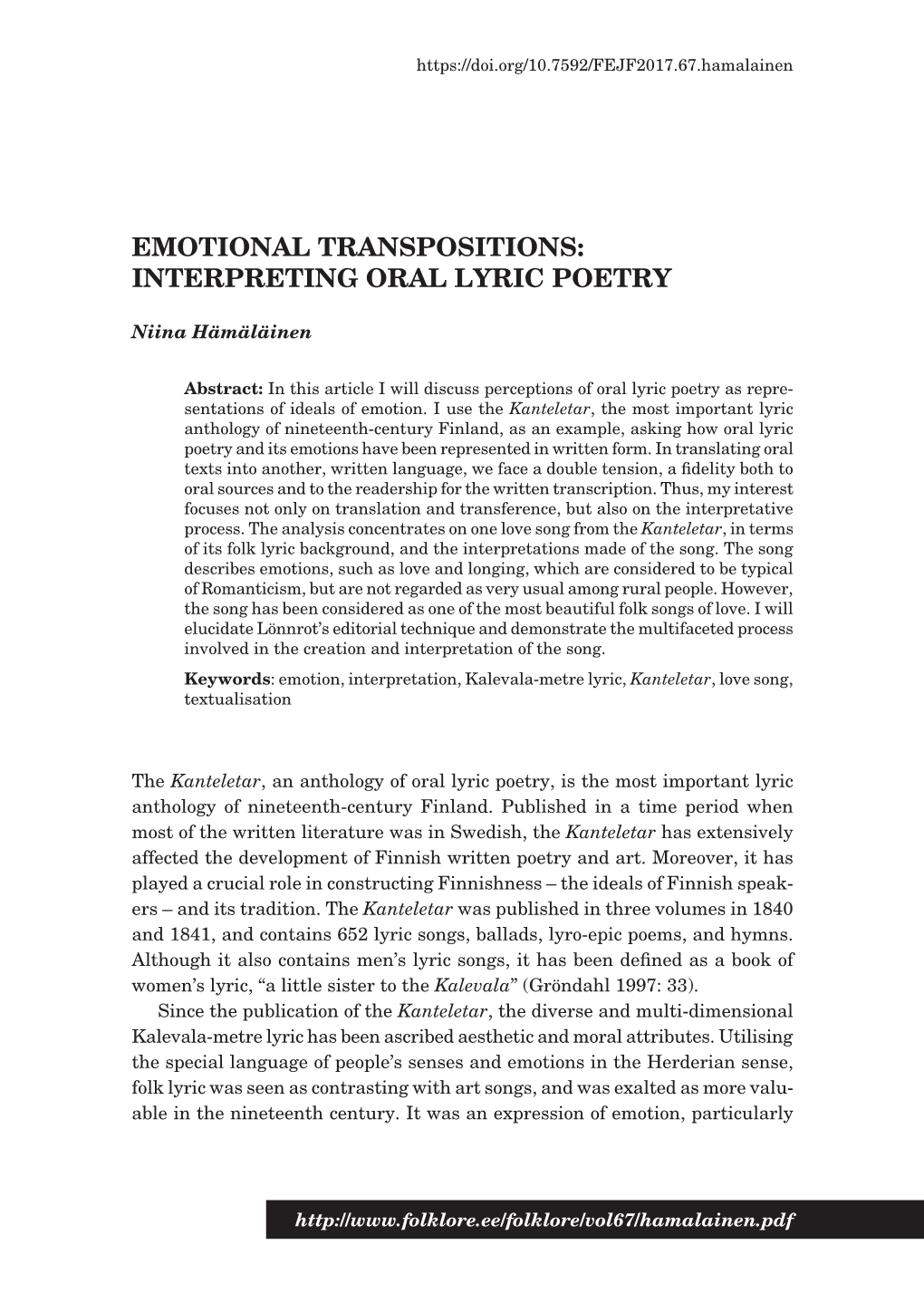 Emotional Transpositions: Interpreting Oral Lyric Poetry