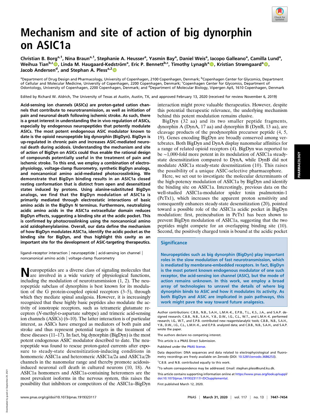 Mechanism and Site of Action of Big Dynorphin on Asic1a