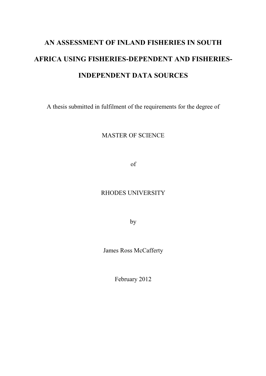 An Assessment of Inland Fisheries in South Africa