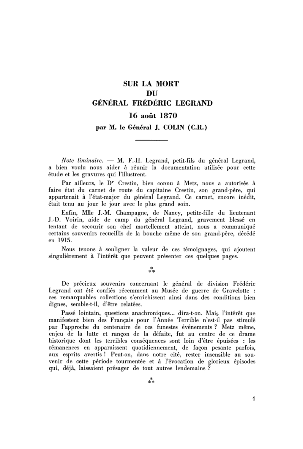 SUR LA MORT DU GÉNÉRAL FRÉDÉRIC LEGRAND 16 Août 1870 Par M