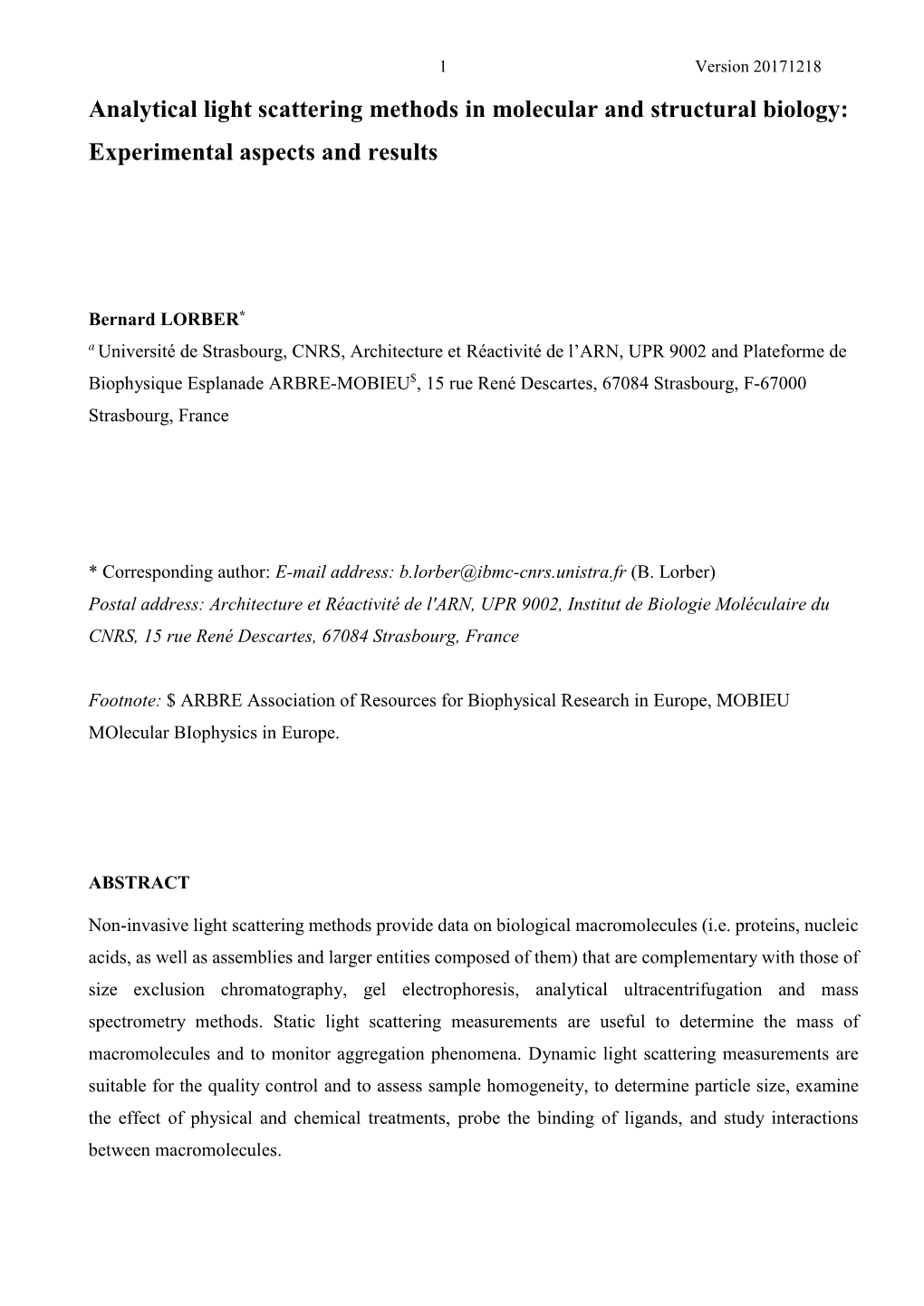 Analytical Light Scattering Methods in Molecular and Structural Biology