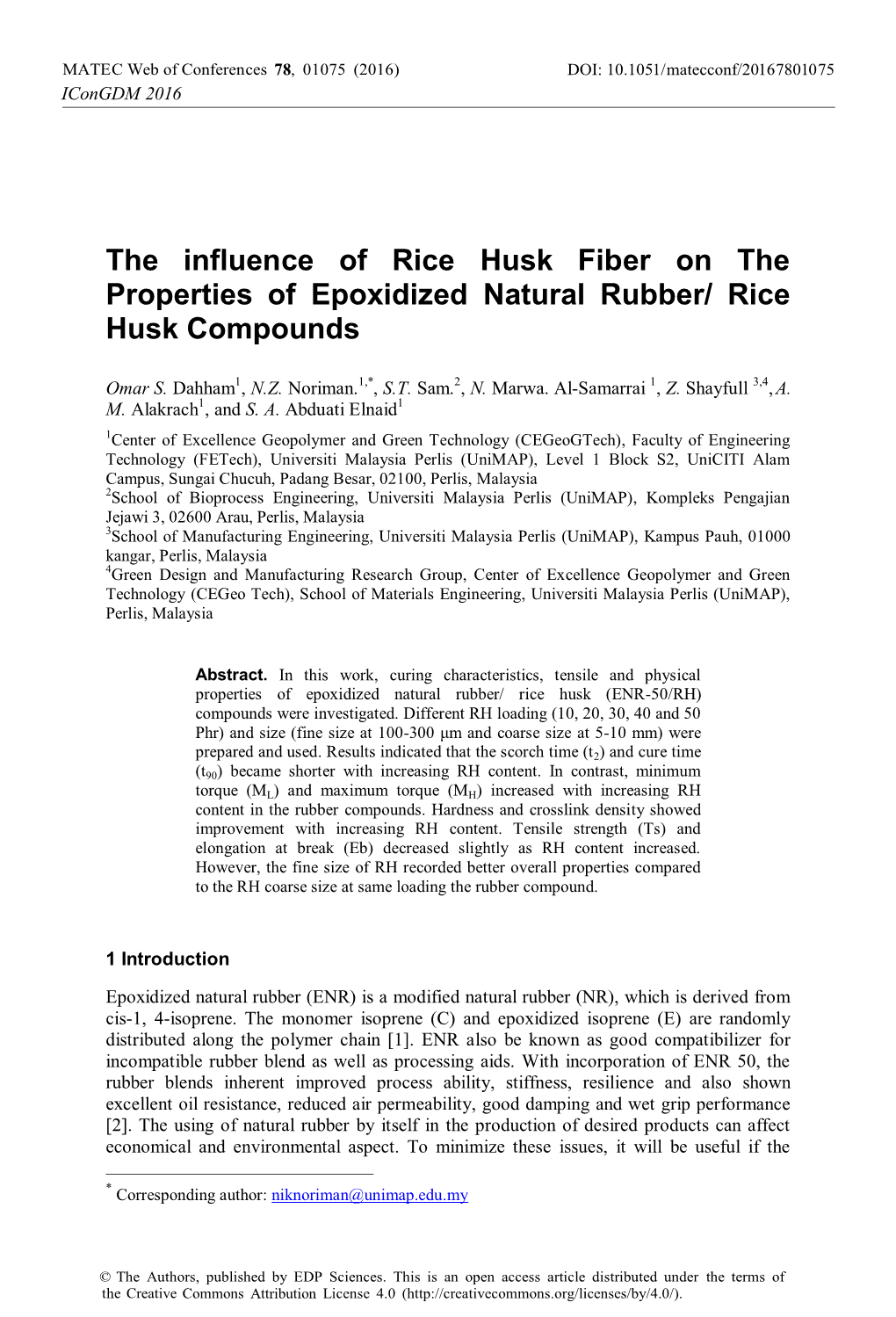 The Influence of Rice Husk Fiber on the Properties of Epoxidized Natural Rubber/ Rice Husk Compounds