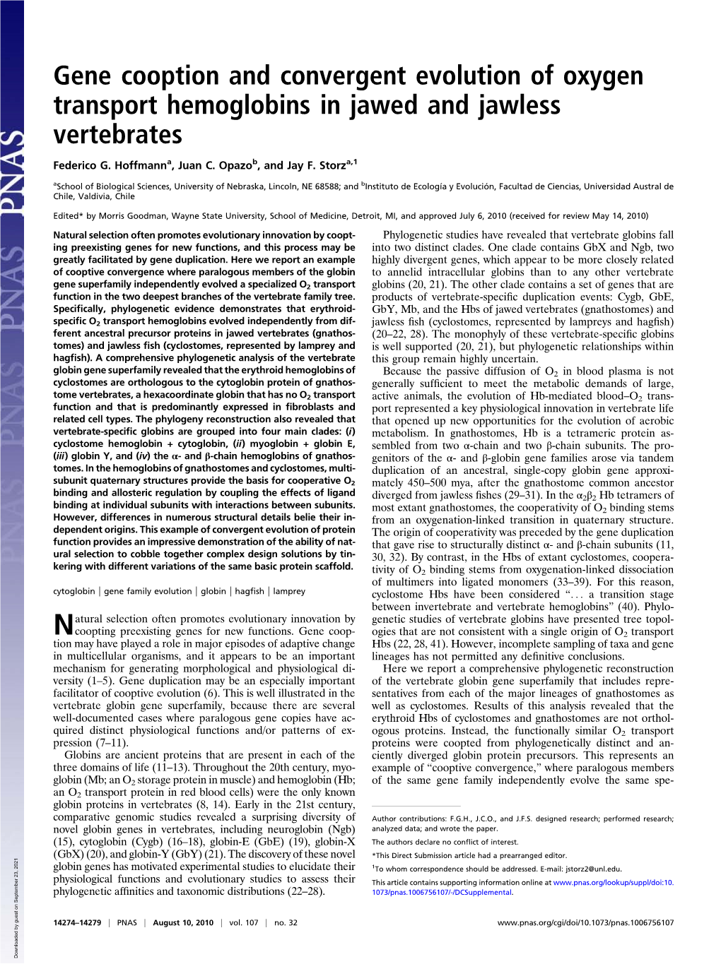 Gene Cooption and Convergent Evolution of Oxygen Transport Hemoglobins in Jawed and Jawless Vertebrates