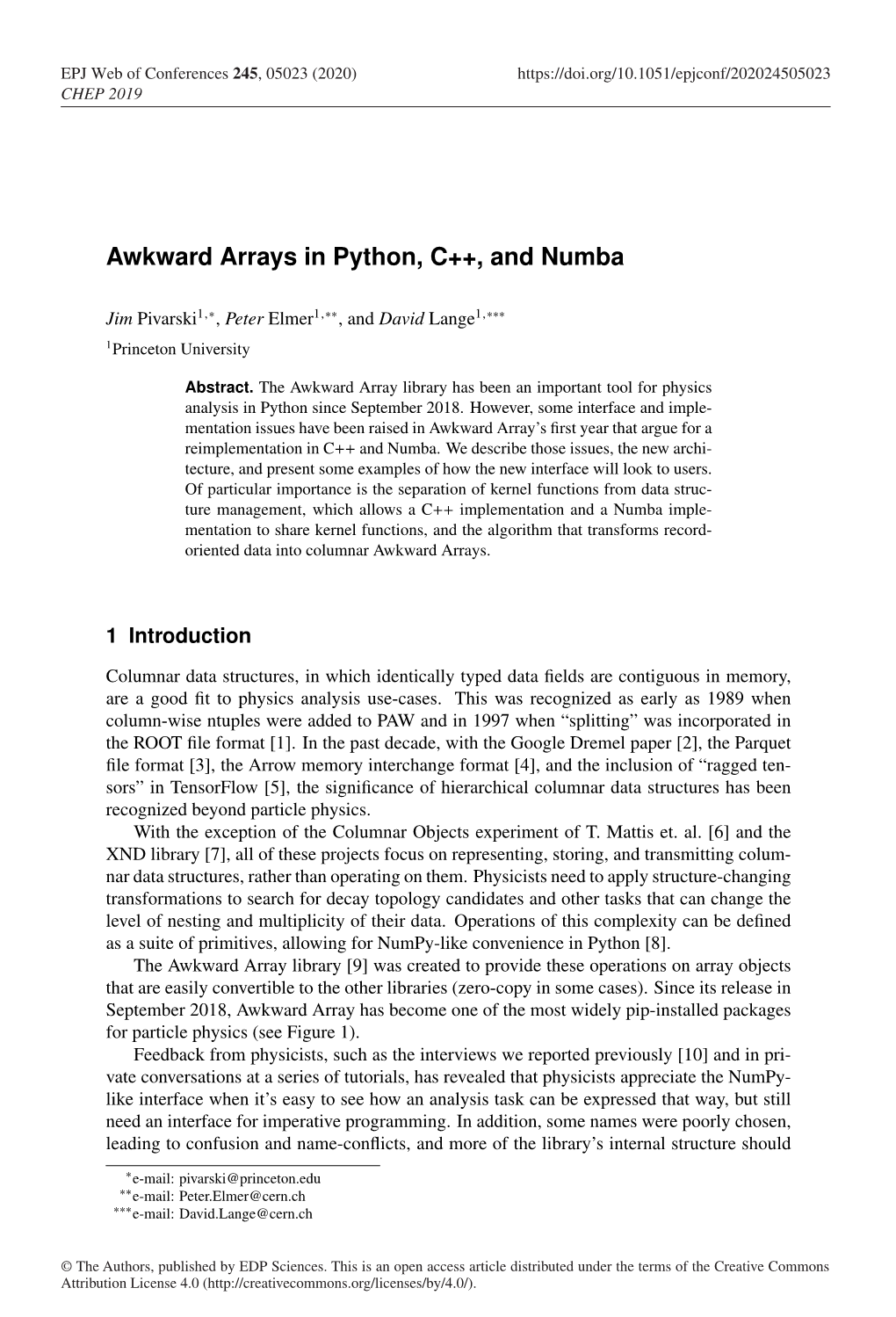 Awkward Arrays in Python, C++, and Numba
