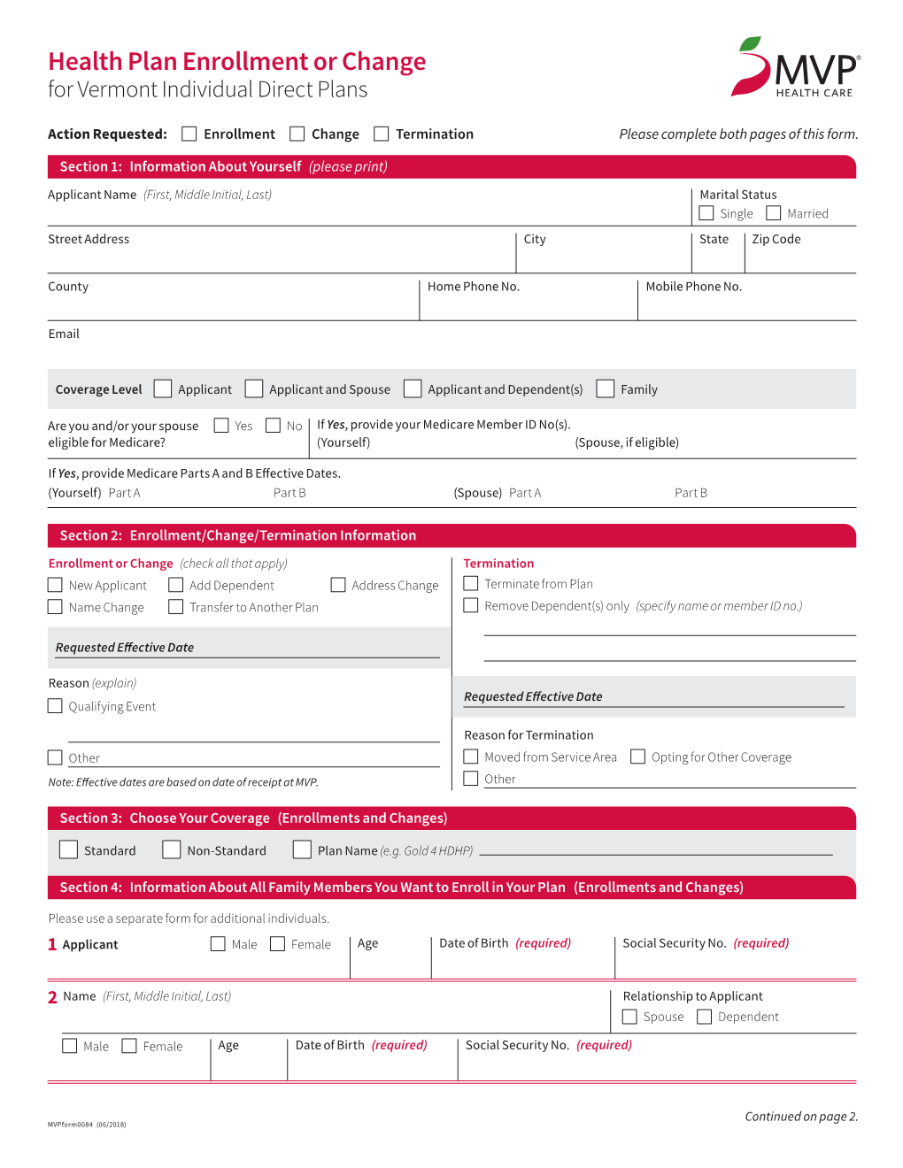 Enrollment/Change Form—Vermont Individual