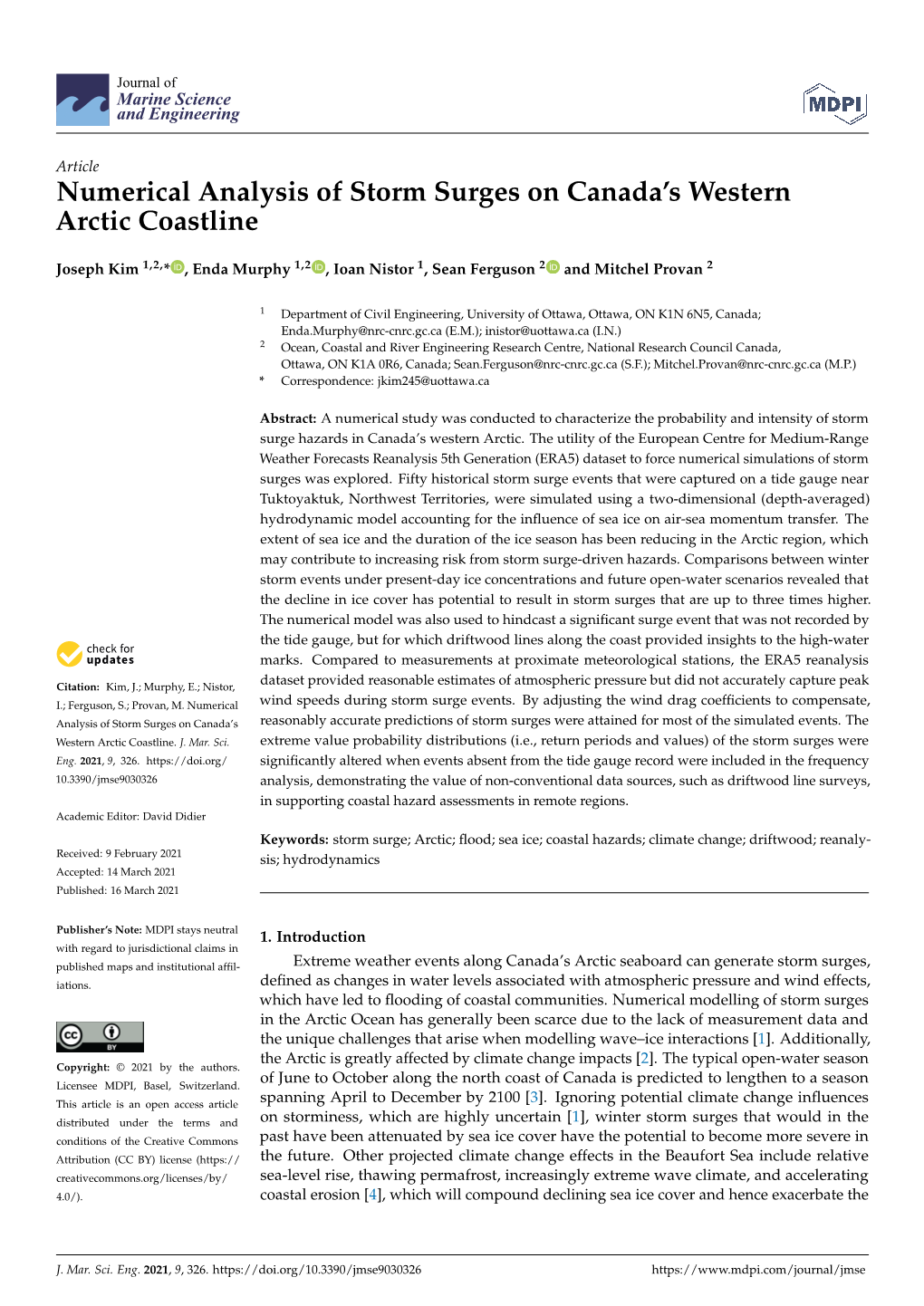 Numerical Analysis of Storm Surges on Canada's Western Arctic Coastline