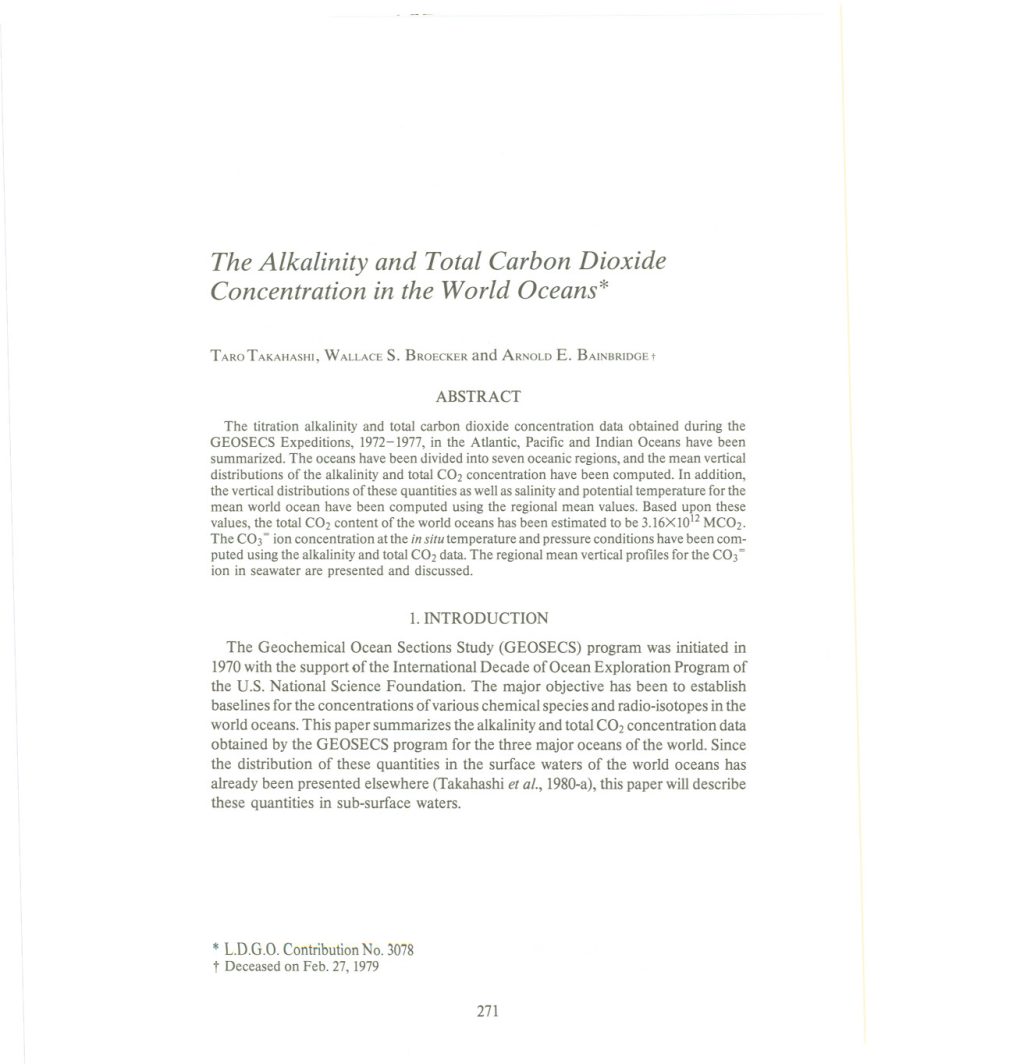 The Alkalinity and Total Carbon Dioxide Concentration in the World Oceans*