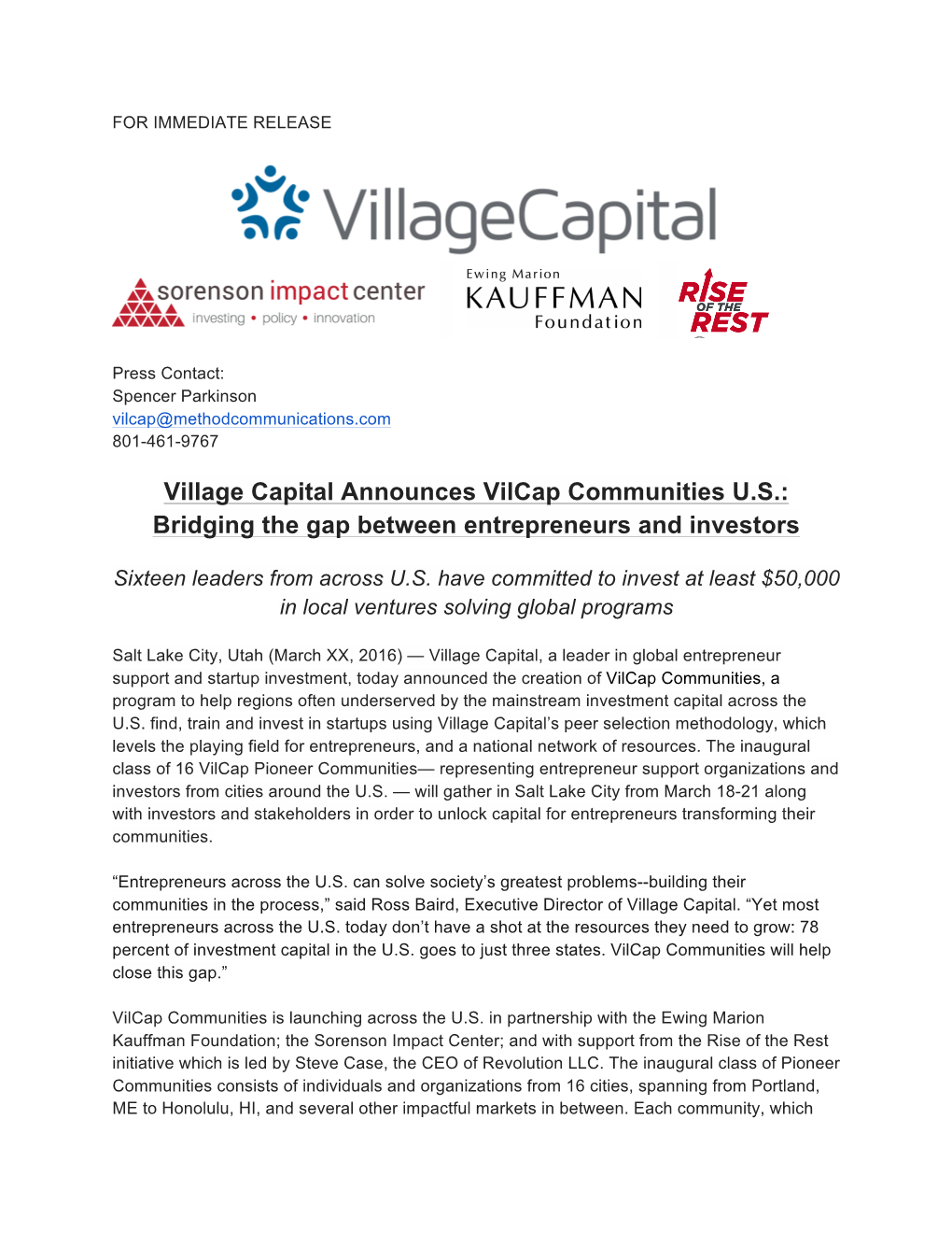 Village Capital Announces Vilcap Communities US