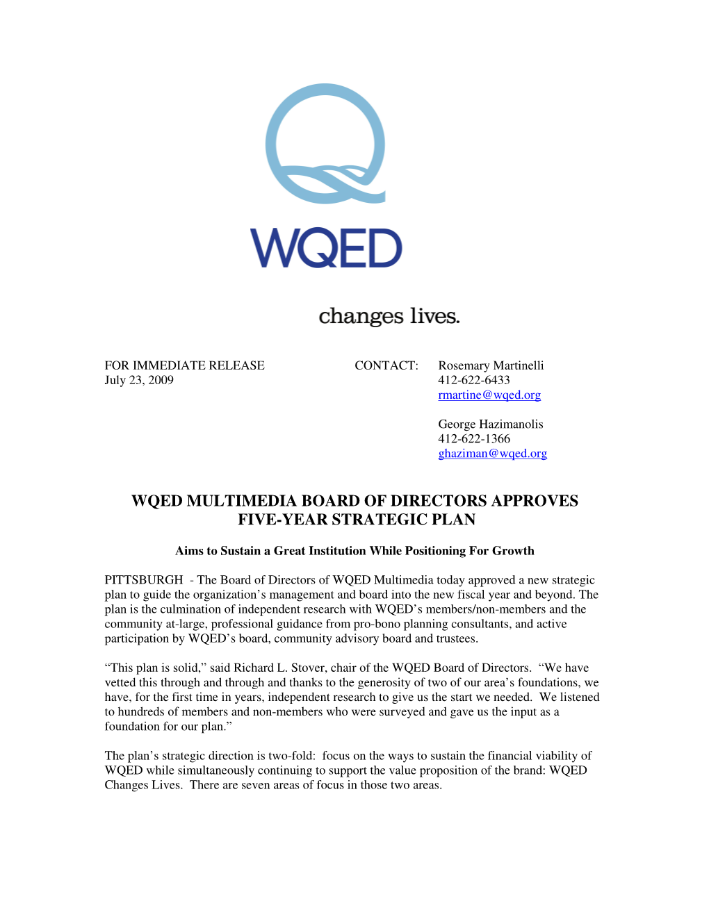 Wqed Multimedia Board of Directors Approves Five-Year Strategic Plan