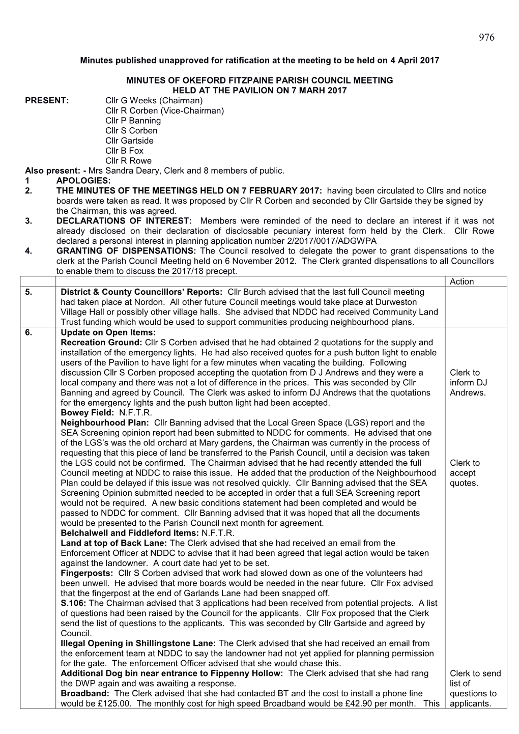 Minutes Published Unapproved for Ratification at the Meeting to Be Held on 4 April 2017