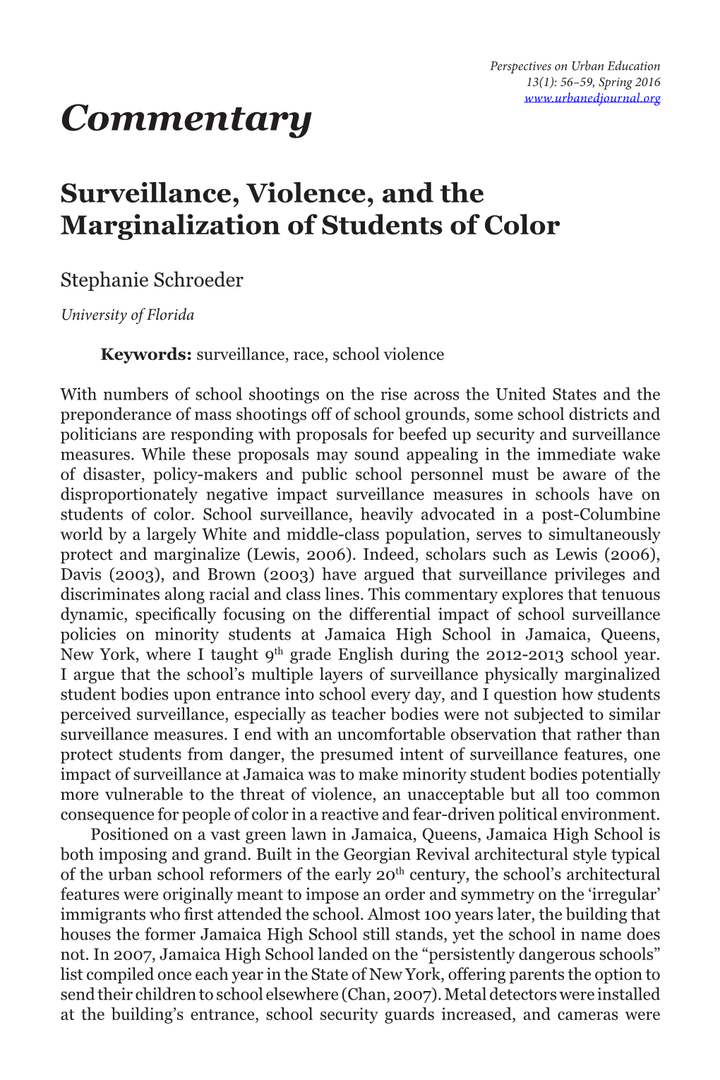Commentary Surveillance, Violence, and the Marginalization of Students